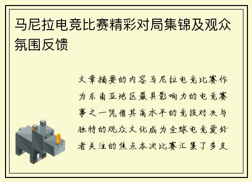 马尼拉电竞比赛精彩对局集锦及观众氛围反馈